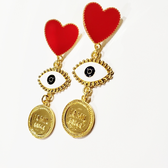 EVIL EYE Red HEART Drop Gold Tone Dangle Earrings - Picture 4 of 6